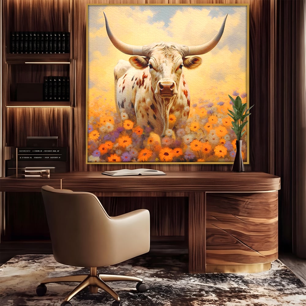 Tablou canvas cu tablou canvas cu bivol cu coarne mari, in rama de aluminiu auriu, pe perete intr-un birou